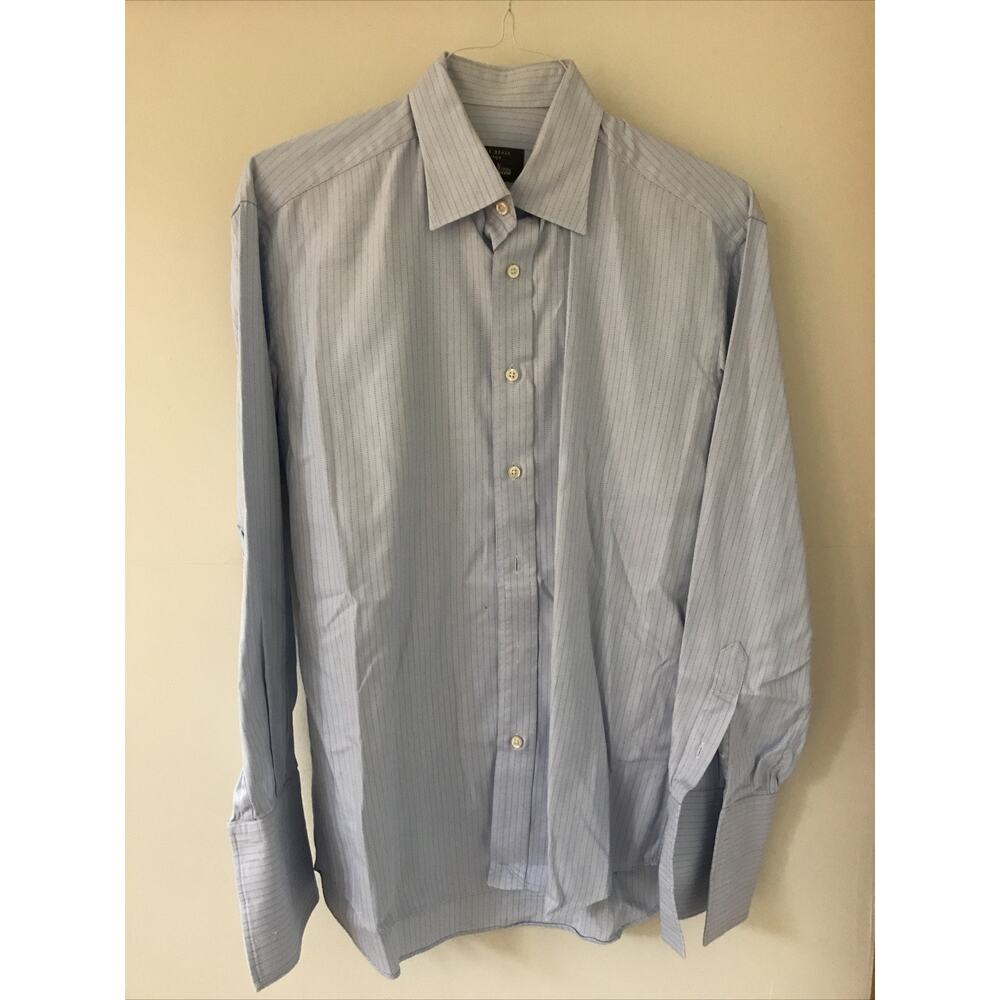 Ike Behar Neiman Marcus Blue Chevron Oxford French Cuff Dress Shirt 15.5-34 46"